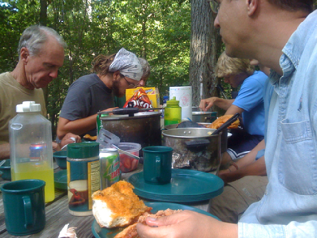 15 PATCers - and two thru-hikers - chowed down at Ivy Creek hut after the workday